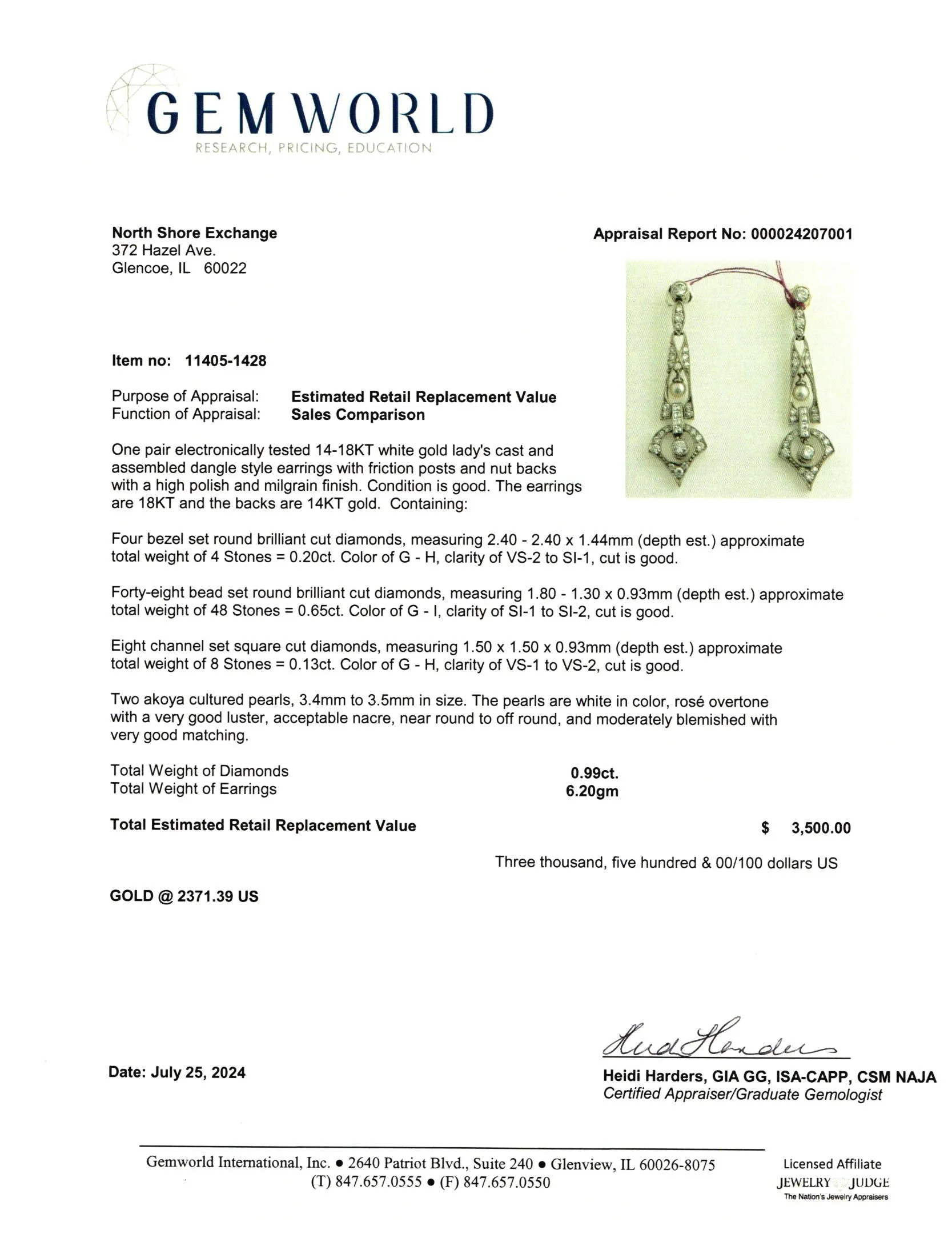 14-18K White Gold Diamond Dangle Earrings with 2 Cultured Pearls