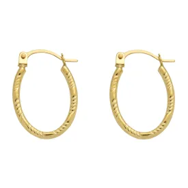 14E00385. - 14 Karat Yellow Gold Diamond Cut Textured Oval Hoop Latch Lock Earrings