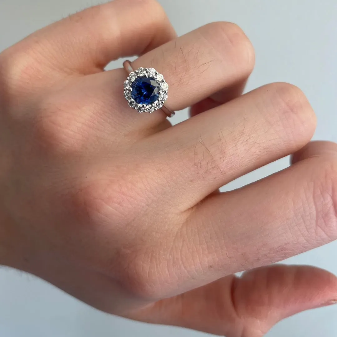 1.88ct Round Sapphire & Diamond Halo 18K White Gold Ring