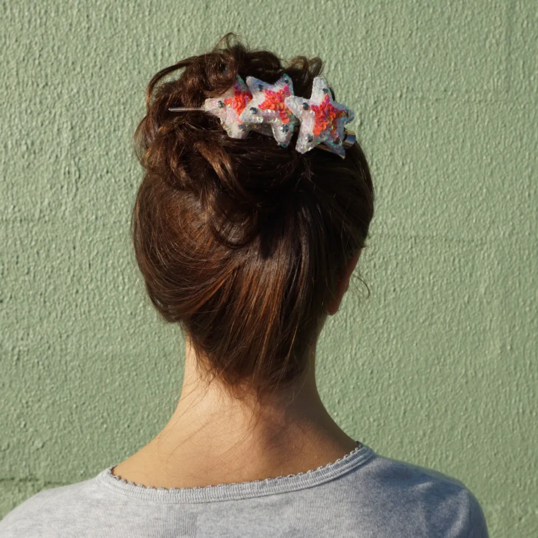 3 Pink Stars-Sequence Hair Clips