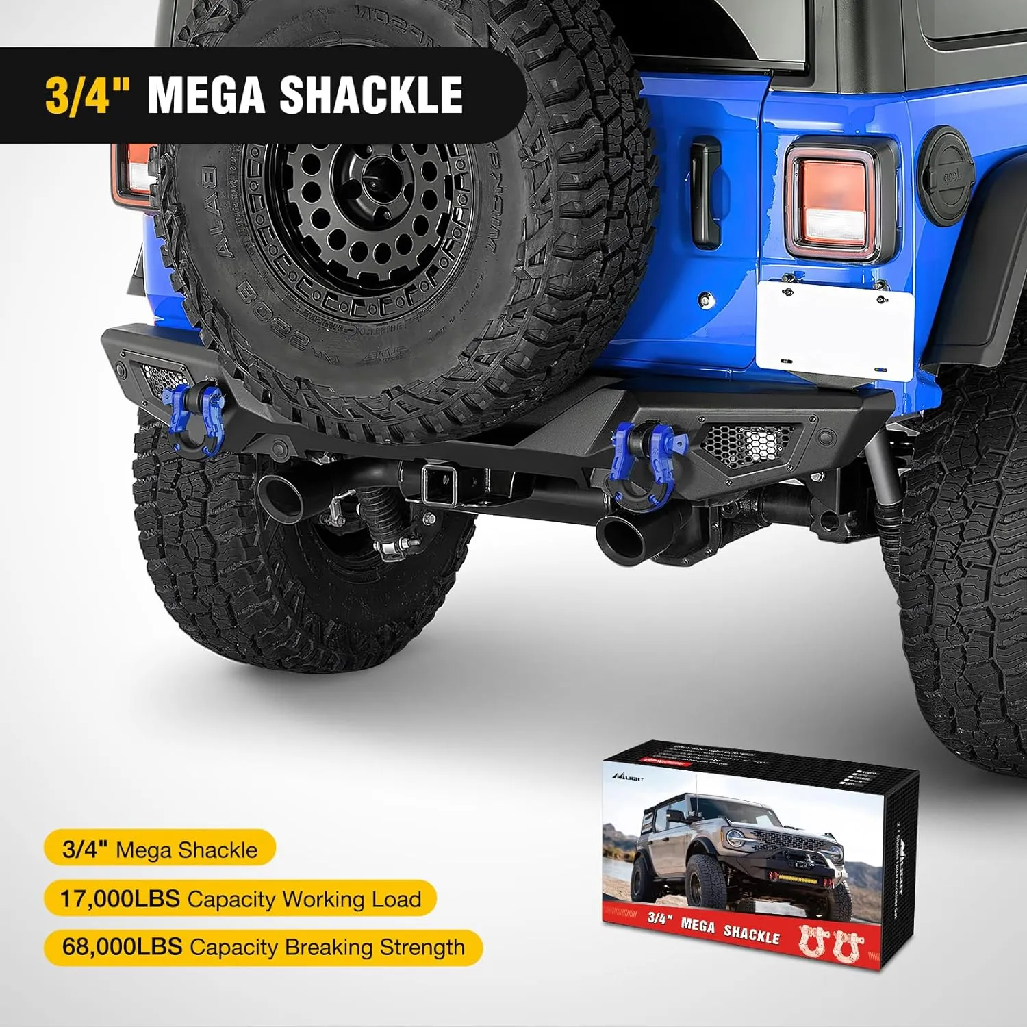 3/4 inch Mega D-Ring Shackle With 7/8 inch Screw Pin 68000LBS Blue (Pair)