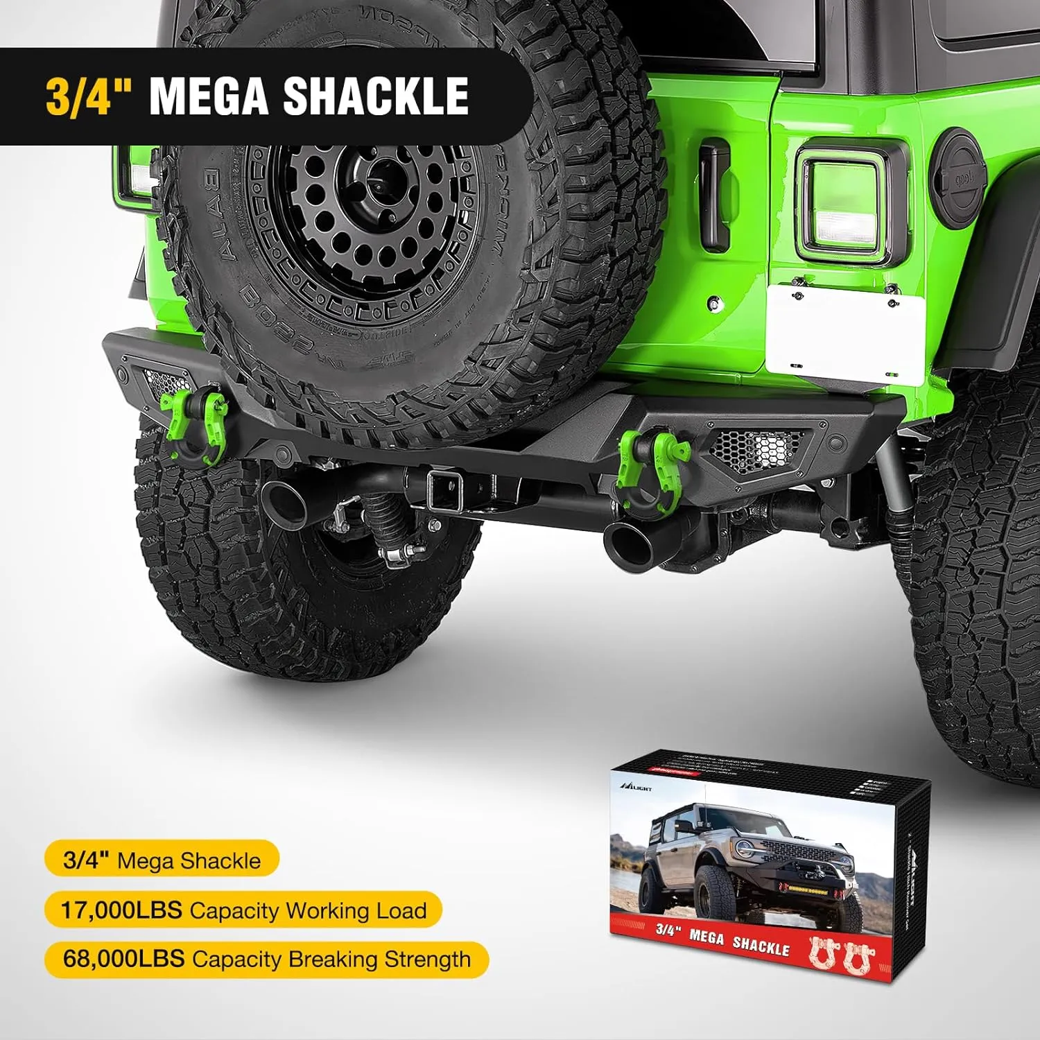 3/4 inch Mega D-Ring Shackle With 7/8 inch Screw Pin 68000LBS Green (Pair)