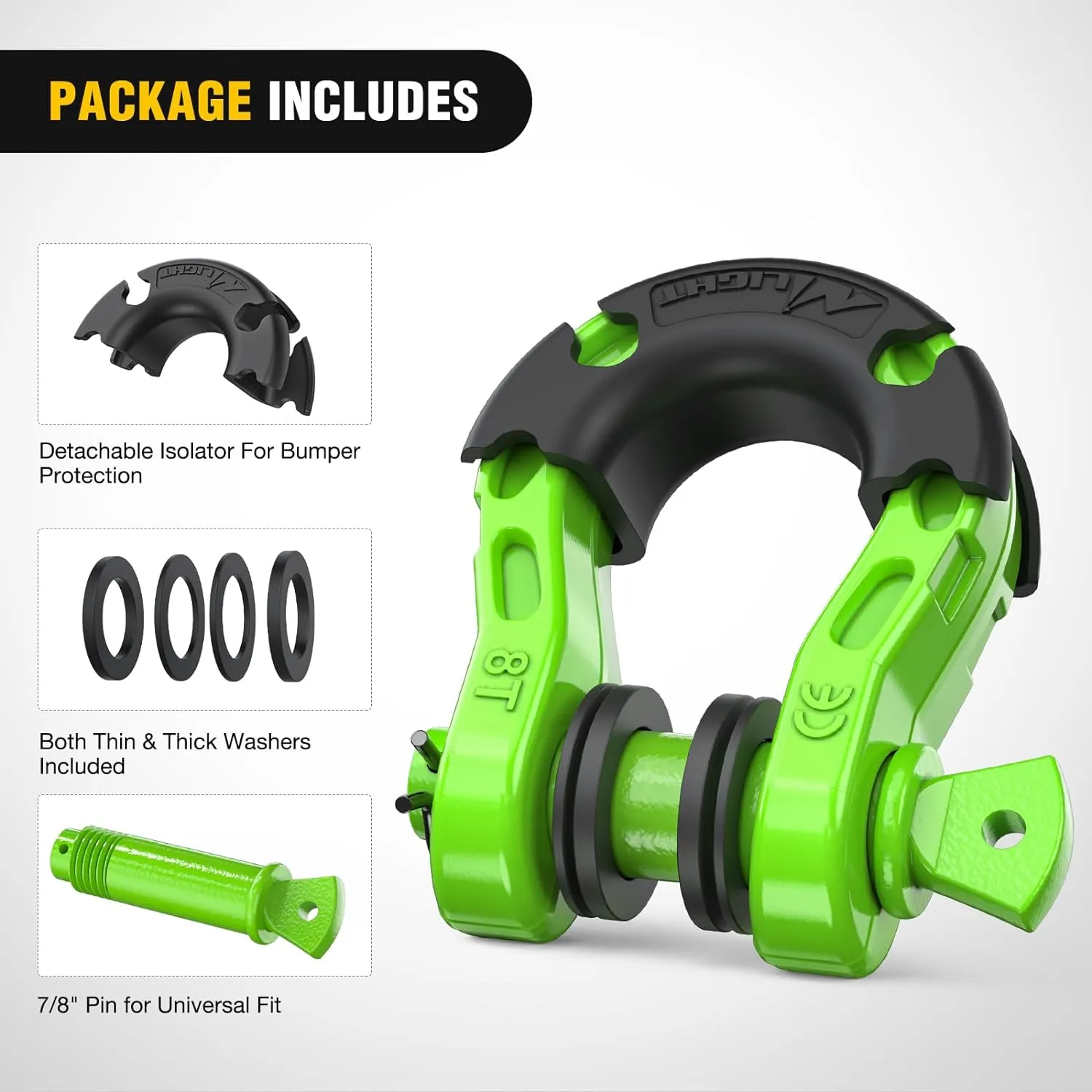 3/4 inch Mega D-Ring Shackle With 7/8 inch Screw Pin 68000LBS Green (Pair)