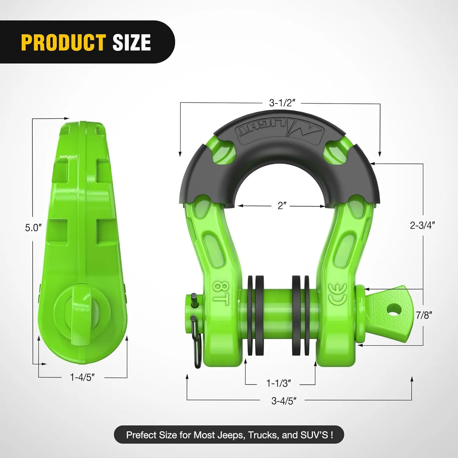 3/4 inch Mega D-Ring Shackle With 7/8 inch Screw Pin 68000LBS Green (Pair)