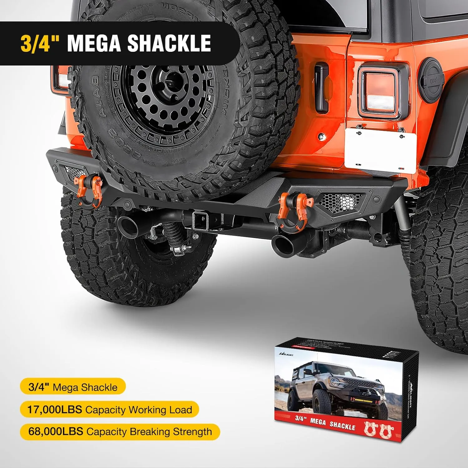 3/4 inch Mega D-Ring Shackle With 7/8 inch Screw Pin 68000LBS Orange (Pair)