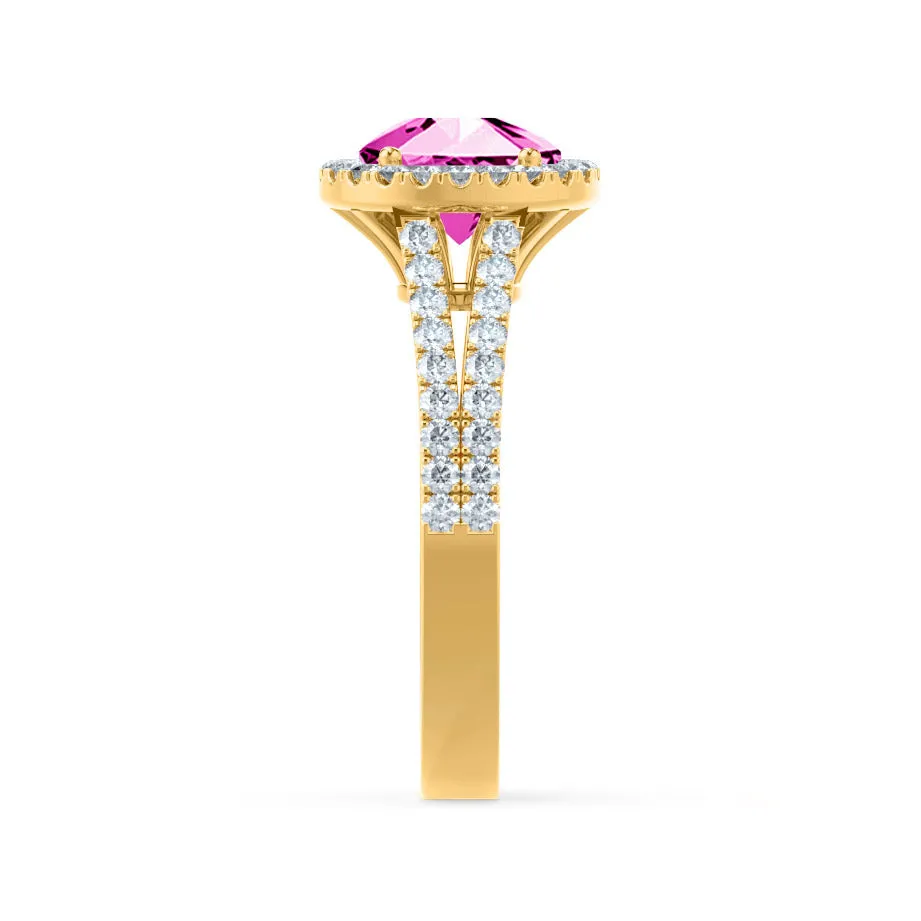 AMELIA - Chatham® Lab Grown Pink Sapphire & Diamond 18k Yellow Gold Halo Ring