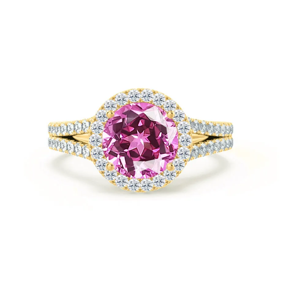 AMELIA - Chatham® Lab Grown Pink Sapphire & Diamond 18k Yellow Gold Halo Ring
