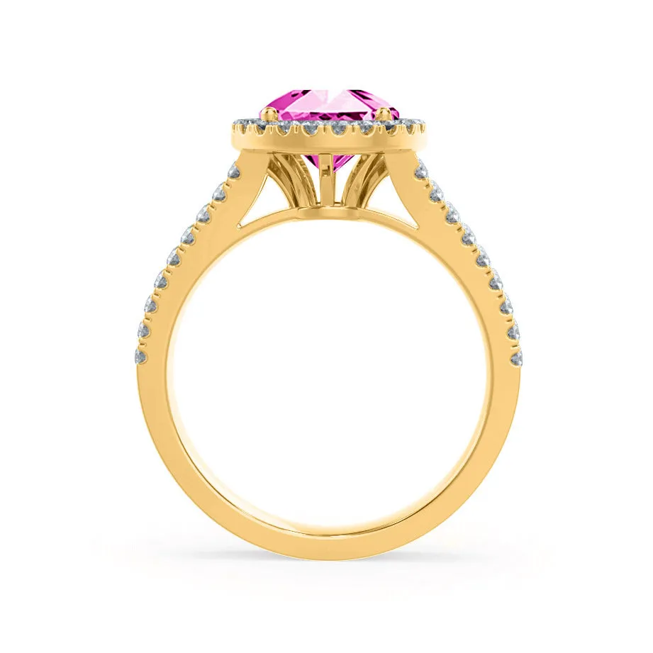 AMELIA - Chatham® Lab Grown Pink Sapphire & Diamond 18k Yellow Gold Halo Ring