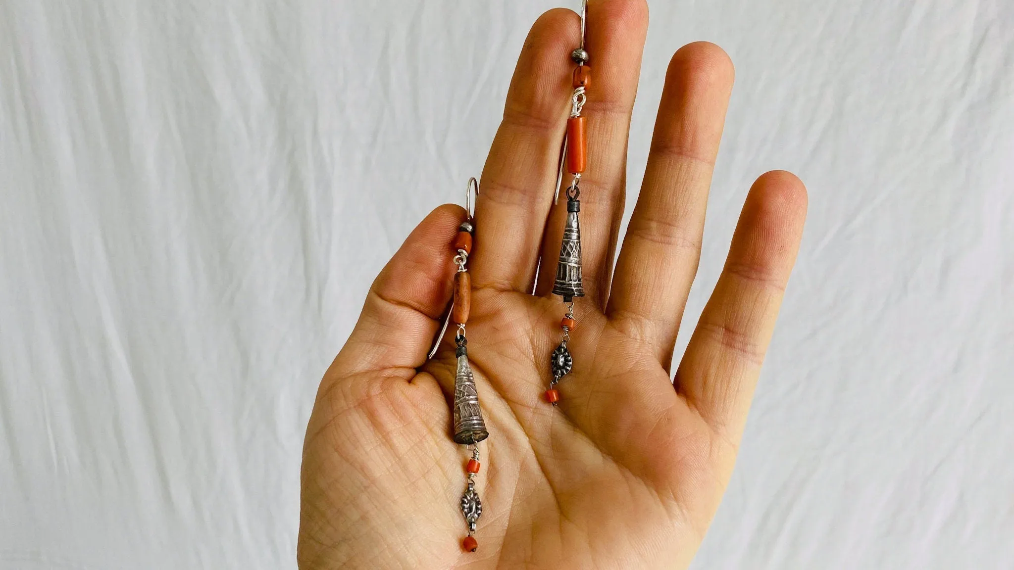 Antique Berber Silver and Coral Earrings. Sterling Silver. Morocco.