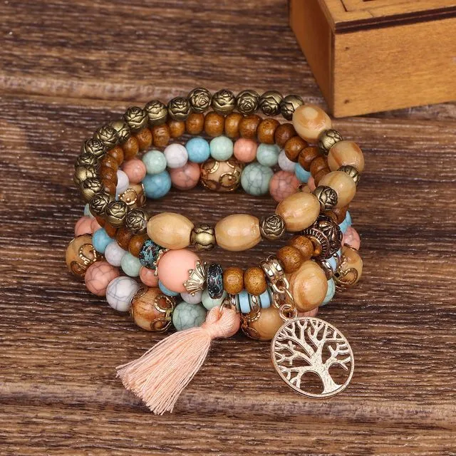 Boho Charm Wood Beaded Bracelet Wooden Bead Bracelet