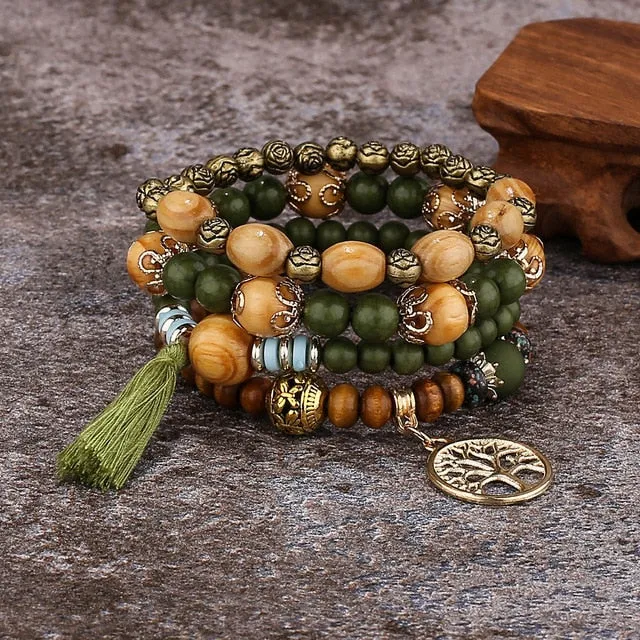 Boho Charm Wood Beaded Bracelet Wooden Bead Bracelet