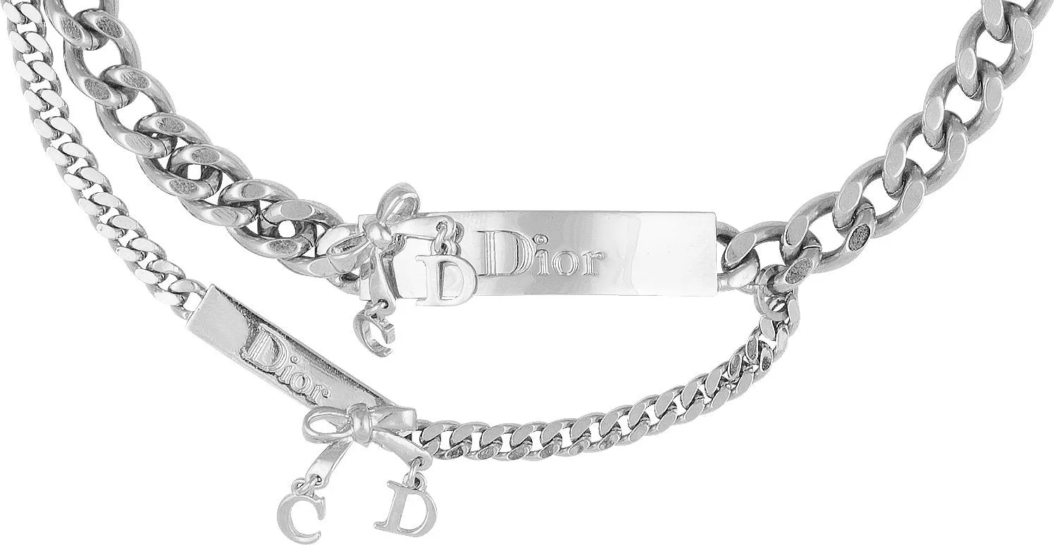 Elegant Christian Dior Double Chain Plate Choker Necklace