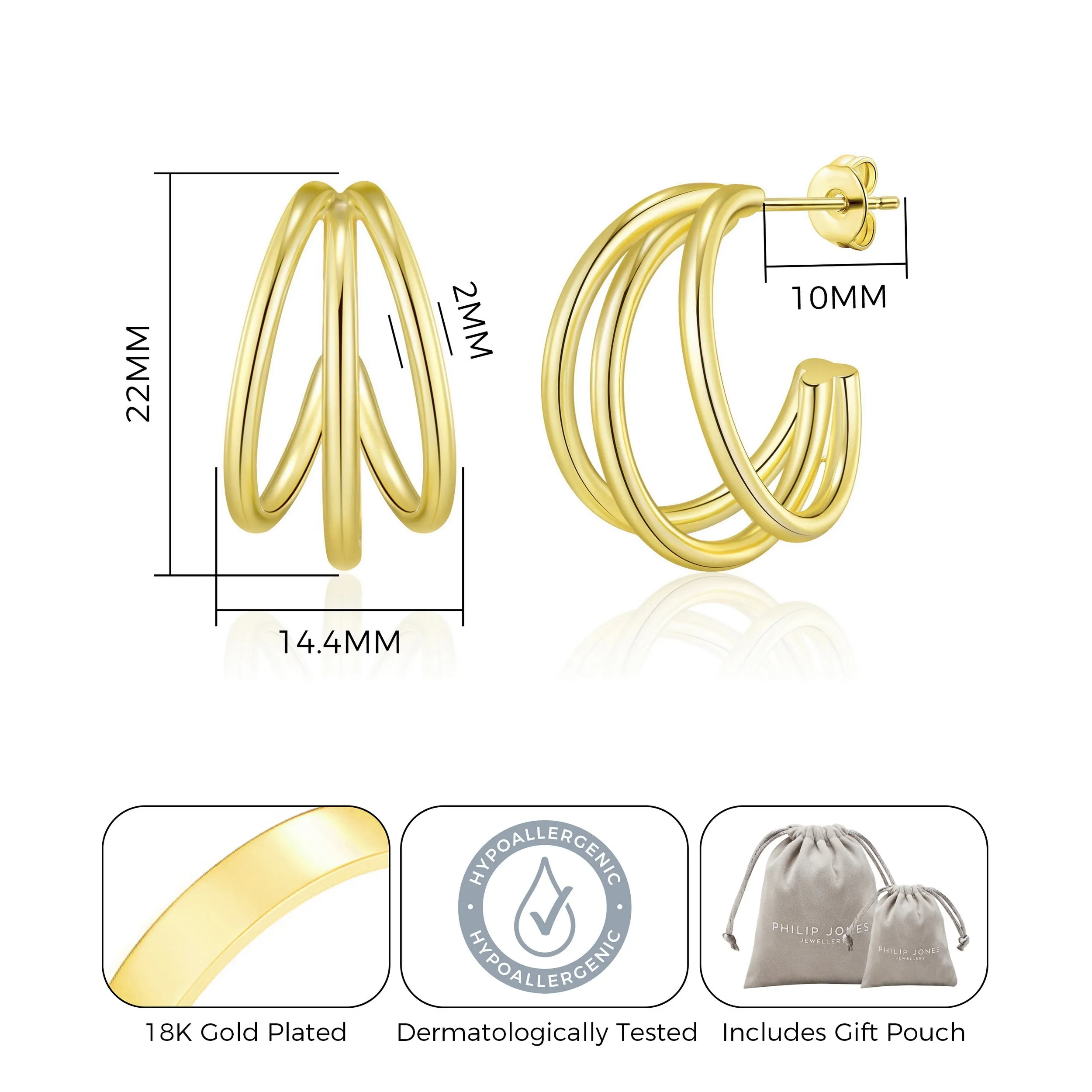 Gold Plated Triple Hoop Earrings