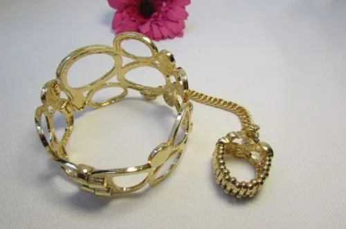 Gold Silver Metal Hand Chain Bracelet Cuff Multi Circles Shape Clear Rhinestones Women Trendy