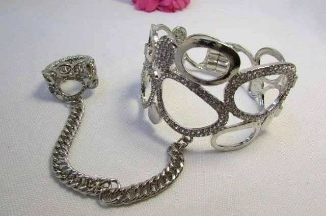Gold Silver Metal Hand Chain Bracelet Cuff Multi Circles Shape Clear Rhinestones Women Trendy