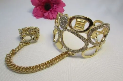 Gold Silver Metal Hand Chain Bracelet Cuff Multi Circles Shape Clear Rhinestones Women Trendy