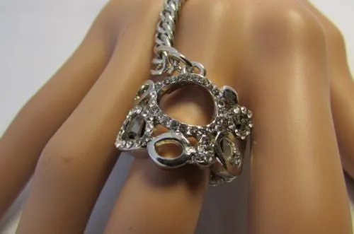 Gold Silver Metal Hand Chain Bracelet Cuff Multi Circles Shape Clear Rhinestones Women Trendy