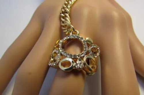 Gold Silver Metal Hand Chain Bracelet Cuff Multi Circles Shape Clear Rhinestones Women Trendy