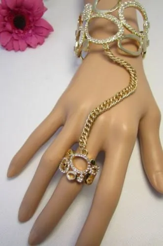 Gold Silver Metal Hand Chain Bracelet Cuff Multi Circles Shape Clear Rhinestones Women Trendy
