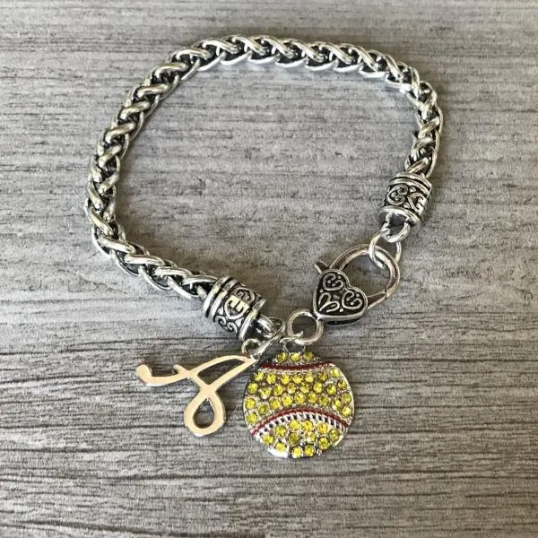 Personalized Softball Bracelet with Initial Charm