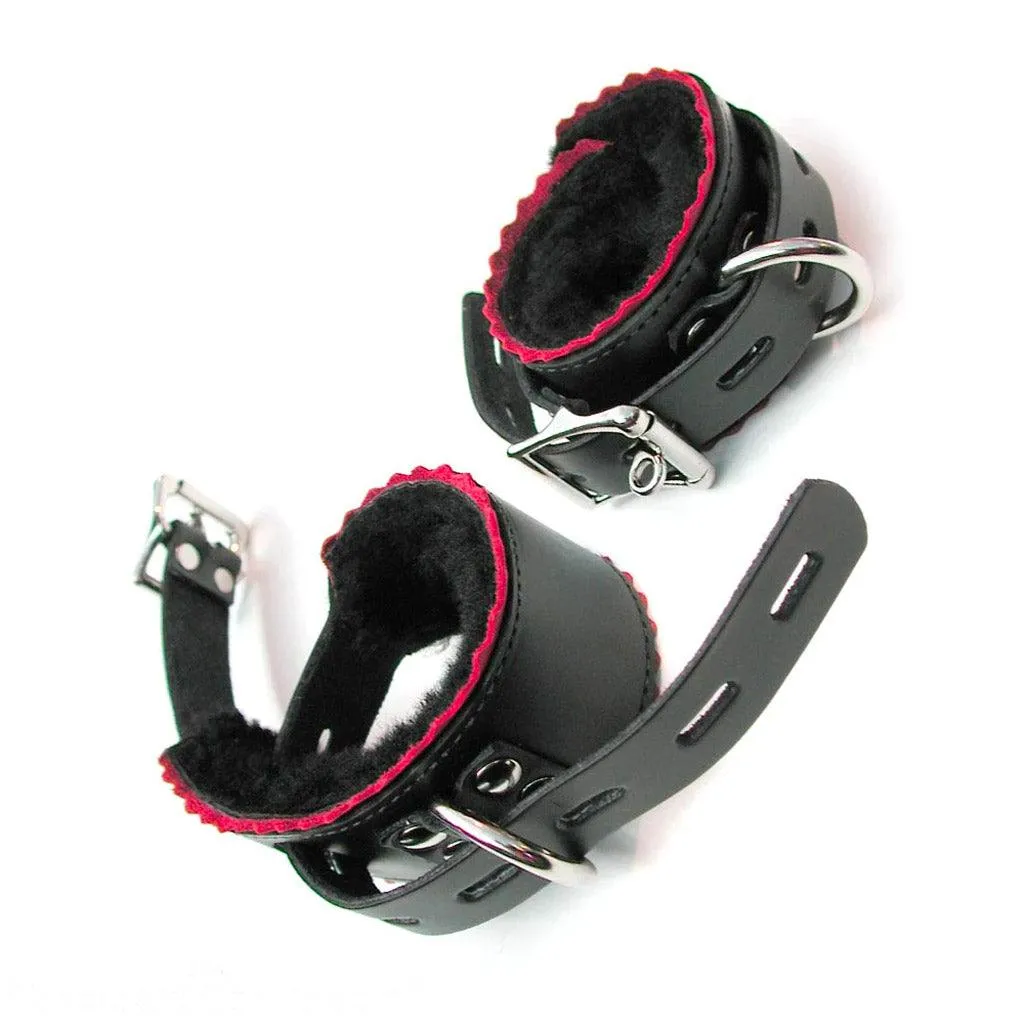 Sheepskin-Lined Leather Ankle Cuffs w/ Red Scalloped Edges