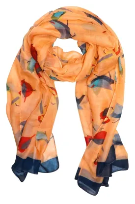 Tangerine Peach Couture Cute Vintage Lightweight Graphic Finch Bird Print Scarf