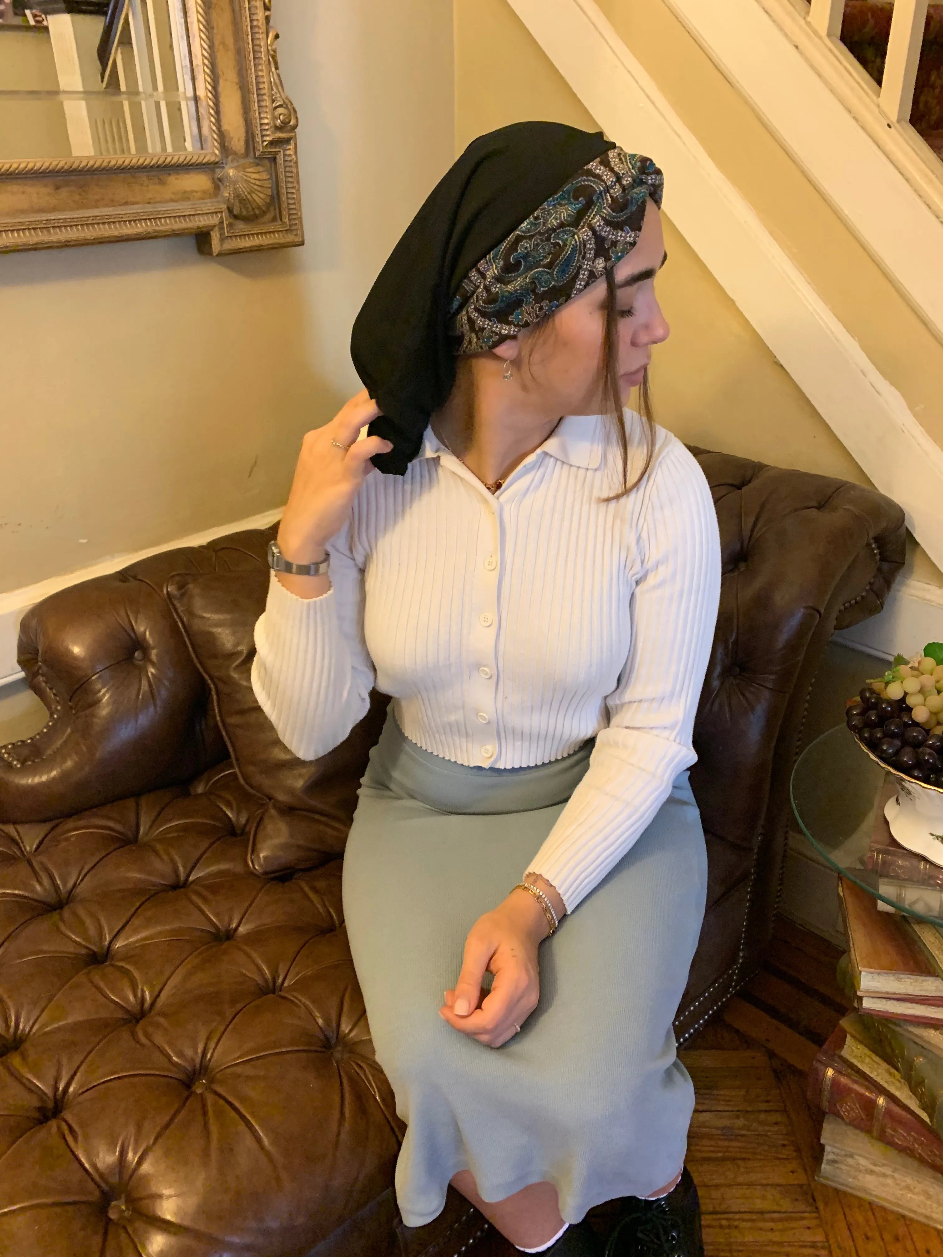 Top Knot Tichel Black Brown Turban and Popular Easy To Wear Hijab Classic Snood No Fuss Head covering | Made in USA